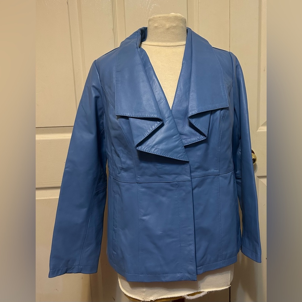 Blue Women's Leather Jacket - Classic Collared Coat